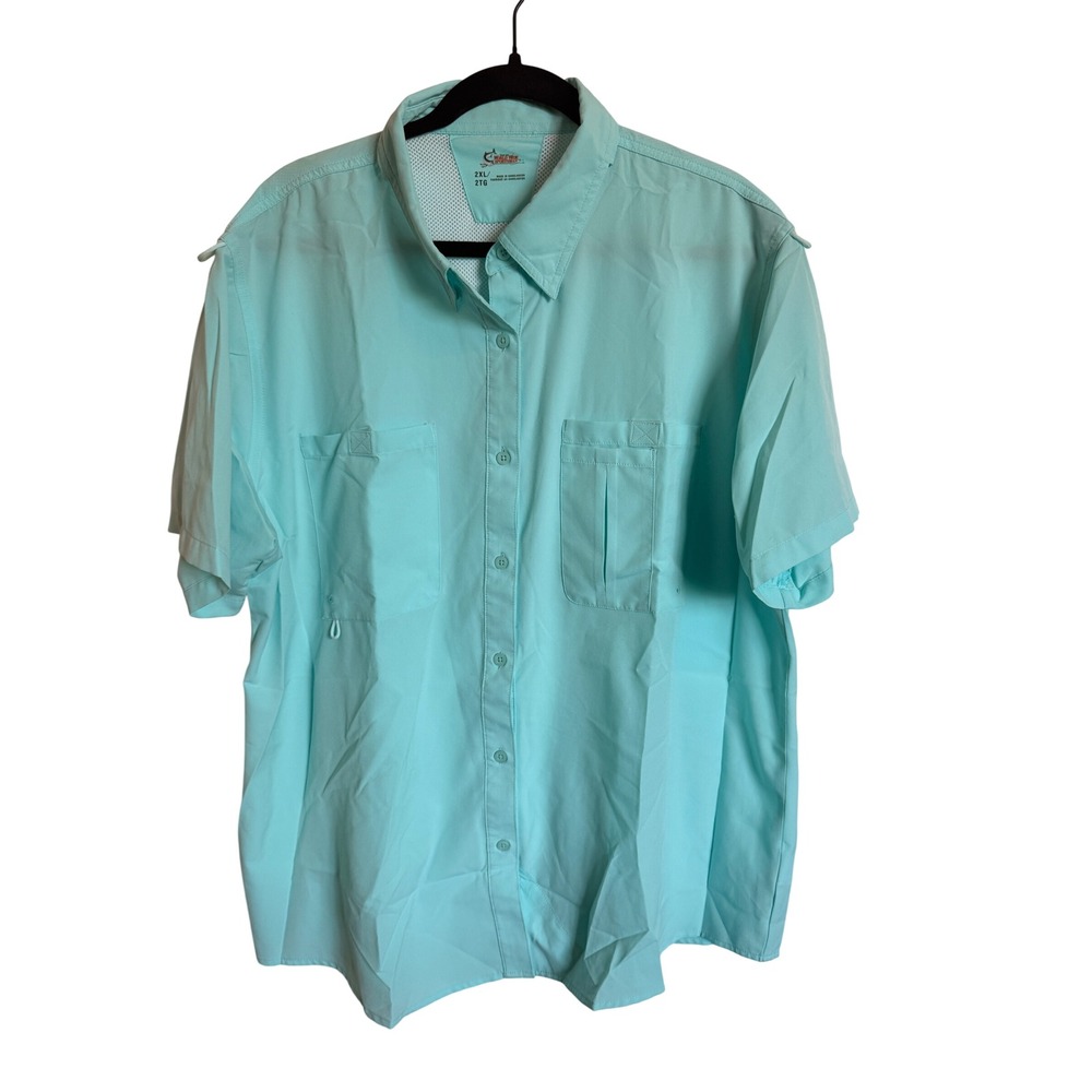 World Wide Sportsman Mens 2XL Fishing Shirt Aqua Blue Short Sleeve Ventilated